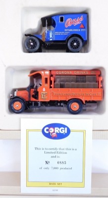 A Corgi diecast limited edition Greene King 2478/5000, Terry's Of York Thornycroft van and Model T van set, and a Bass Model T van and Thornycroft set, all boxed. (3) - 3