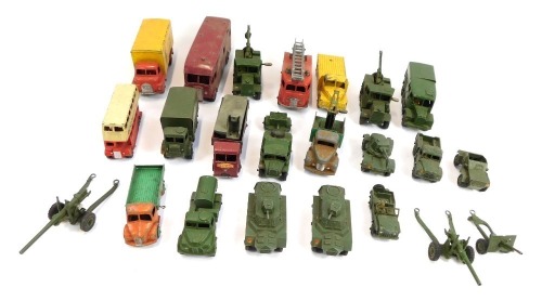 Dinky diecast military vehicles, together with lorries, an express horse box, fire engine, play worn. (1 tray)