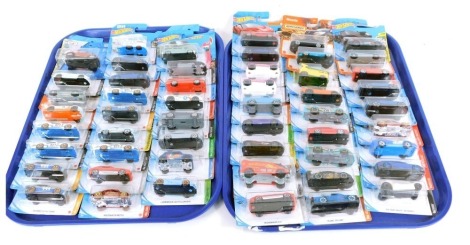 Hot Wheels and Matchbox diecast vehicles, in blister packs. (2 trays)