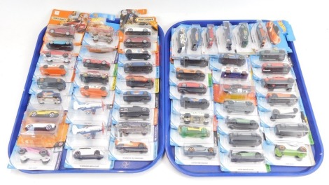 Hot Wheels and Matchbox diecast vehicles and aeroplanes, all in blister packs. (2 trays)