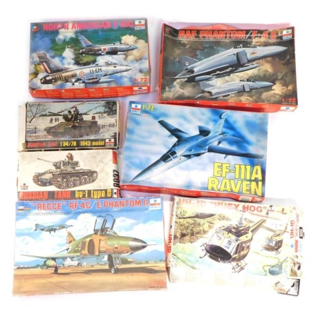 ESCI models of fighter planes, helicopter and tanks, boxed. (1 box)