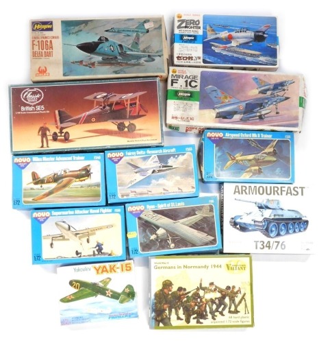 Hasegawa and other models of fighter and vintage aeroplanes, tanks, etc., all boxed. (1 box)