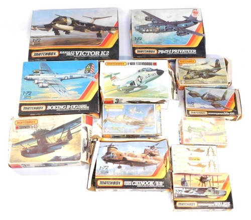 Matchbox models of fighter aeroplanes, helicopters, and a flying boat, scale 1:72, all boxed. (1 box)