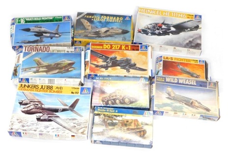 Italeri models of fighter aeroplanes and a tank, all boxed. (1 box)