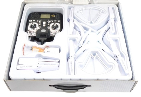 An mTech Sky Drone Plus, with omin-directional control, four channel R/C quad copter with camera, boxed.