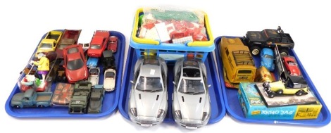 Corgi and other diecast sports cars, vintage cars including two Aston Martin Vanquishes, further toys, etc. (3 trays)