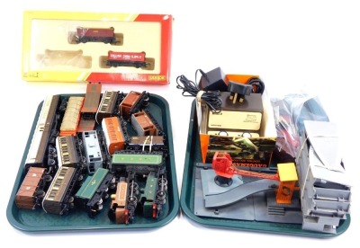Two Hornby diecast tank locomotives, coaches, wagons, controller, engineering department, crane, platforms, etc. (2 trays)