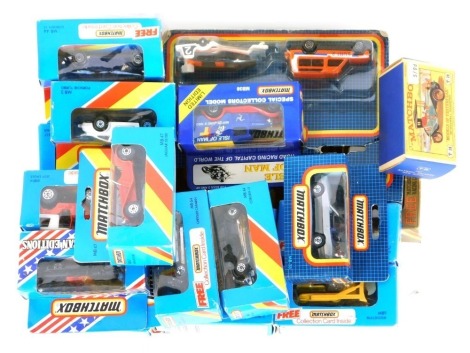 Matchbox diecast motor cars, trucks, and buses, all boxed or in blister pads. (1 box)