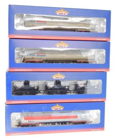 Bachmann Branchline OO gauge rolling stock, comprising 37-671 set of 14 ton tank wagons FINA (weathered), 38-113A 100 ton bogie tank wagon Esso grey, and 38-115TEA bogie tank wagon FINA (weathered).