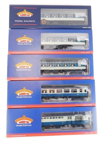 Bachmann Branchline OO gauge coaches, British Rail MkI, grey and blue, comprising 39-426 TPO Sorting Van with net, 39291A MkI FP Pullman 1st Parlour, 39-301A MkI SK Pullman 2nd Kitchen, MkI SP Pullman Parlour 2nd, and 39-321BR MkI BSP Pullman 2nd, DCC dec