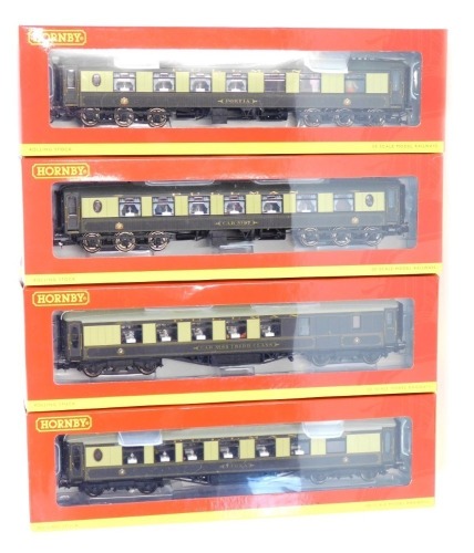 Hornby OO gauge Pullman coaches, comprising R4478 eight wheel Pullman 1st Class Parlour car 'Leona', R4482 eight wheel Pullman 3rd Class brake car No 68, R4476 twelve wheel Pullman 1st Class Kitchen car 'Porter', and R4475 twelve wheel Pullman 3rd Class P