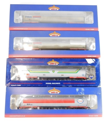 Bachmann Branchline OO gauge rolling stock, comprising two 38-115 TEA bogie wagons FINA (weathered), 38-112 100 ton bogie tank wagon TEA BP grey, and 38-113A 100 ton bogie tank wagon Esso grey.