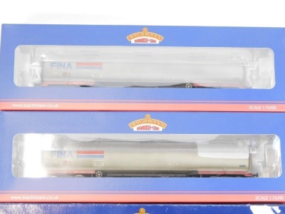 Bachmann Branchline OO gauge rolling stock, comprising two 38-115 TEA bogie wagons FINA (weathered), 38-112 100 ton bogie tank wagon TEA BP grey, and 38-113A 100 ton bogie tank wagon Esso grey. - 2