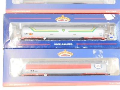 Bachmann Branchline OO gauge rolling stock, comprising two 38-115 TEA bogie wagons FINA (weathered), 38-112 100 ton bogie tank wagon TEA BP grey, and 38-113A 100 ton bogie tank wagon Esso grey. - 3