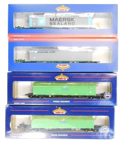 Bachmann Branchline OO gauge rolling stock, comprising 37-313 Intermodal bogie wagon with two 45ft containers, Maersk Line and Maersk Sealand, and 37300A Intermodal and container Content Leasing. (2)