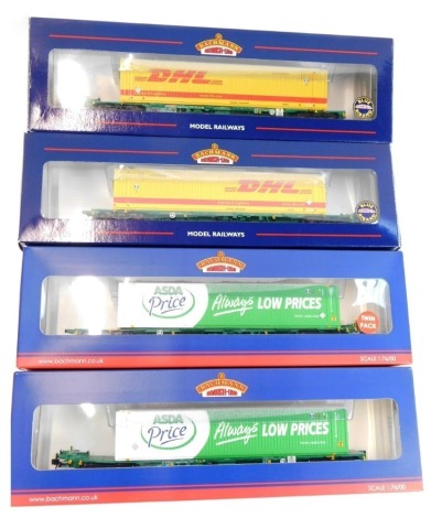 Bachmann Branchline OO gauge rolling stock, comprising 37-303 Intermodal bogie wagon C/W 45ft container Asda, and 37-305 Intermodal bogie wagon C/W 45ft container DHL. (2)