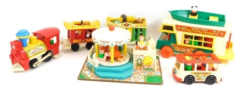 Fisher Price toys, comprising Fisher Price Mini Bus, Fisher Price Play Family Camper, Fisher Price Circus Train, and a Fisher Price Merry Go Round. (4)