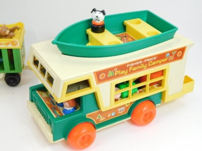 Fisher Price toys, comprising Fisher Price Mini Bus, Fisher Price Play Family Camper, Fisher Price Circus Train, and a Fisher Price Merry Go Round. (4) - 4