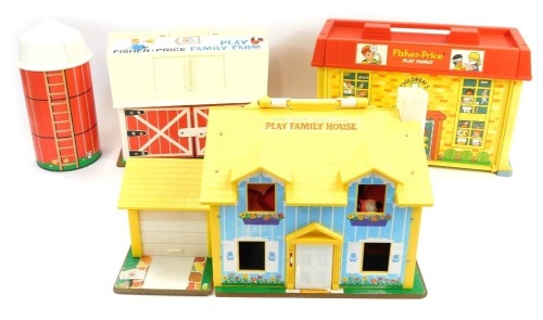 A Fisher Price Toys Play Family House, a Fisher Price Play Family Farm, and a Fisher Price Play Family Children's Hospital, boxed. (3)