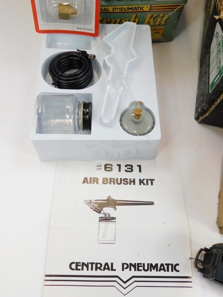 Three Central Pneumatic air brush kits, boxed, and OO and N gauge