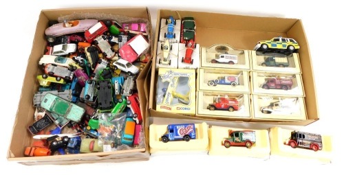 Matchbox, Oxford and other diecast vehicles, to include Matchbox Superfast No 74TDEJDE, Matchbox Series No 68 Porsche 910, Corgi Toys Buick Riviera, Matchbox Superkings No 24 Team Matchbox, etc, play worn. (2 trays)