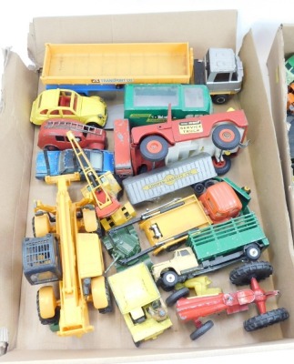 Corgi Toys, Dinky and other diecast vehicles, to include a Joal No 211 Cameon, Dinky Toys armoured car, Corgi Thwaithes Dumper, Tri-ang service truck, Matchbox Jennings cattle truck, etc, play worn. (2 trays) - 2