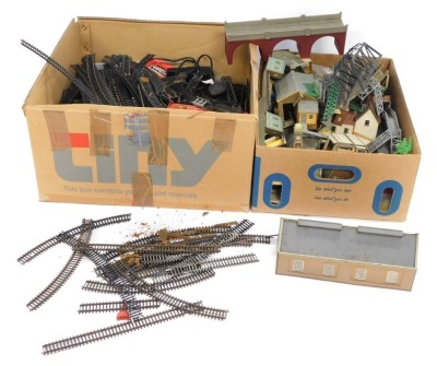 OO gauge track and accessories, including points, curves, OO gauge buildings, track side accessories, etc. (2 boxes)