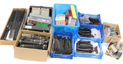 OO gauge track, points, Trix twin railway track, tin plate clock work locomotive spares, etc. (a quantity)