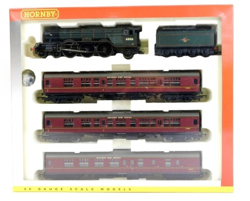 A Hornby OO gauge The Master Cutler Train Pack, including Flying Fox locomotive, BR green, 4-6-2, and three maroon coaches, R2195M.