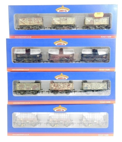 Bachmann OO gauge rolling stock, comprising 37-235 set of mineral wagons, BR grey (weathered), 37-666P set of three 14 ton tank wagons, Esso black (weathered), 38287 set of Presflo 22 ton cement wagons, BR Bauxite (weathered), and 37-237 set of 16 ton ste