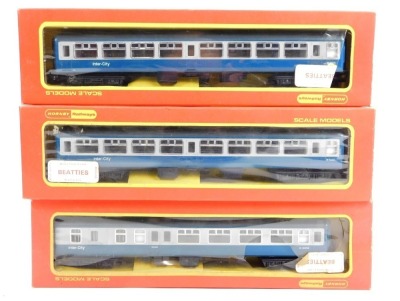 Hornby Railways OO gauge coaches, comprising R726 BR Inter-City brake 2nd coach, R724 BR Inter-City 2nd coach (x2), in BR grey and blue. (3)