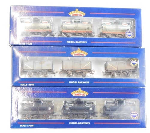 Bachmann Branchline OO gauge rolling stock, comprising 37-225Y set of three BR mineral wagons (weathered), Produced Exclusively for Hattons Model Railways Ltd, 37-66A 14 ton tank wagon, Esso black (weathered), set of three, and 37668 14 ton tank wagon, Es