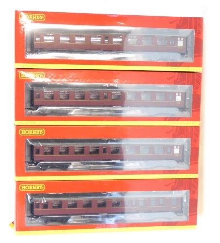 Hornby OO gauge coaches, comprising R4783 BR MkI corridor 2nd Class coach, E24693, R4786 BR MkI 2nd open coach, E4811, R4787 BR MkI Tourist 2nd open coach, E4656, and R4788 BR MkI brake 2nd Class open coach, E9220. (4)