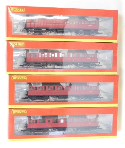 Hornby OO gauge coaches, comprising R4519 BR Gresley Suburban 1st Class coach E81025E, R4520 BR Gresley Suburban 1st Class coach E82326E, R4521 BR Gresley Suburban lavatory composite coach E88090E, and R4522 BR Gresley Suburban 3rd Class brake coach E8613