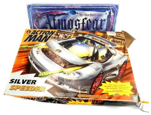 An Action Man silver speeder, boxed, and an Atmosfear Video board game, boxed. (2)