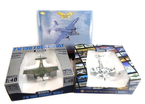 Three diecast aeroplane models, comprising a Corgi Aviation Archive 1:72 scale B-25 War in the Pacific, a Franklin Mint Precision Models 1: 48 scale FW190 Focke Wulf WWII,, and a Franklin Mint 1:48 scale Messerschmit BF109G, boxed. (3)