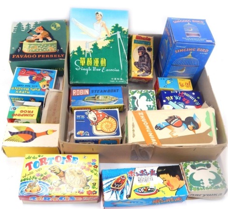 A group of tin plate and other toys and games, to include a tin plate boat, Happy Papa Rooster with egg cart, tortoise wind-up, Japanese and Chinese tin plate toys, single bar exercise bike, singing duck, jumping frog, etc. (1 box)