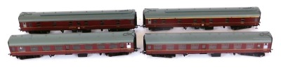 Four Bachmann OO gauge coaches, boxed, comprising a BR mark 1 SLSTP coach, sleeping car second class, maroon, 39-502, BR mark 1 SLF coach, sleeping car first class, maroon, 39-500, BR mark 1 SO second open maroon, 39-051j, and a BR second case second corr