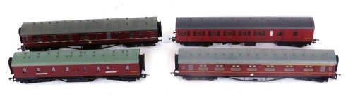 Four Bachmann Mainline and Dapol OO gauge coaches, including a BR mark 1 suburban brake coach in crimson, and a BR 57 brake coach in maroon, all boxed.