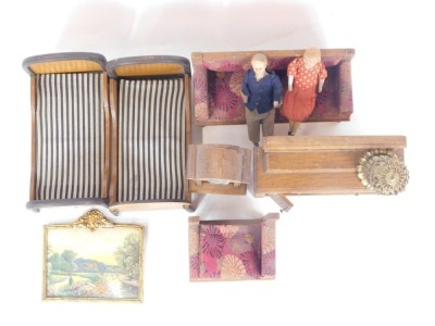 Large scale doll's house furniture, comprising two single beds, sofa and armchair, picture frame, sideboard and a long cased clock. - 2