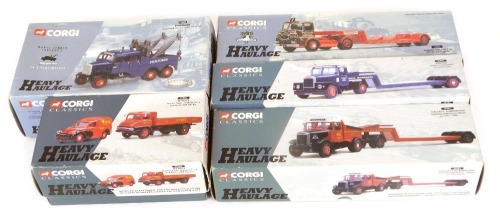 A Corgi heavy haulage diecast Pickford's-Scammel construction wrecker 17502, Wynn's Thames Trader drop side truck and Morris 1000 van set 31006, Robert Walker Limited - ERF KV low loader 31011, Wrekin Scammel Articulated and Low Loader 16701, and an Allet