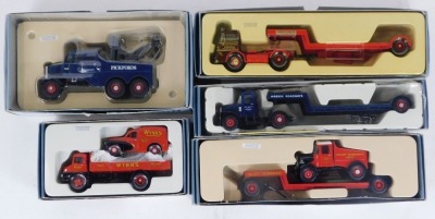 A Corgi heavy haulage diecast Pickford's-Scammel construction wrecker 17502, Wynn's Thames Trader drop side truck and Morris 1000 van set 31006, Robert Walker Limited - ERF KV low loader 31011, Wrekin Scammel Articulated and Low Loader 16701, and an Allet - 2