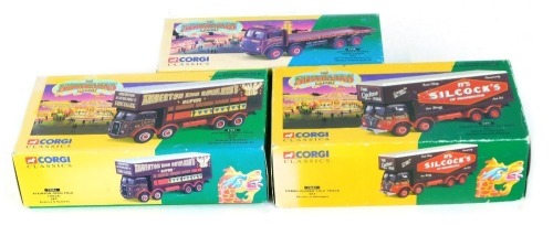 A Corgi fairground attraction Leyland eight wheel rigid truck set, John Codona's Pleasure Fairs 24401, Foden closed pole truck set, Silcock's of Warrington 12601, and an Atkinson open pole truck set, Anderton & Rowland's 27801, all boxed. (3)