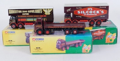 A Corgi fairground attraction Leyland eight wheel rigid truck set, John Codona's Pleasure Fairs 24401, Foden closed pole truck set, Silcock's of Warrington 12601, and an Atkinson open pole truck set, Anderton & Rowland's 27801, all boxed. (3) - 2