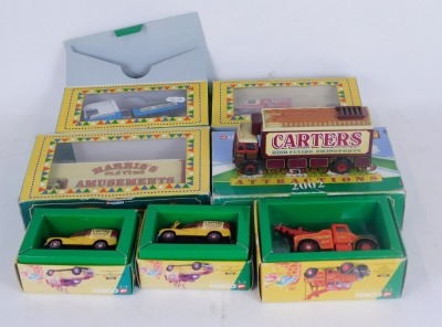 Corgi diecast fairground attractions, comprising Land Rover and trailer CC07401, ERF V4 wheel box lorry CC10203, AC Ergomatic pole truck CC10303, and a Fowler Showman's Carter's Steam Fair CC20104, together with a Morris 1000 Carter's Advanced Publicity v - 2