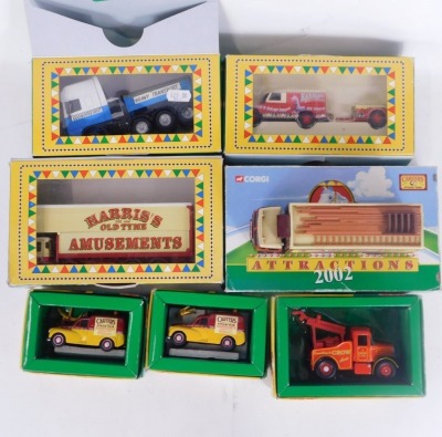 Corgi diecast fairground attractions, comprising Land Rover and trailer CC07401, ERF V4 wheel box lorry CC10203, AC Ergomatic pole truck CC10303, and a Fowler Showman's Carter's Steam Fair CC20104, together with a Morris 1000 Carter's Advanced Publicity v - 3