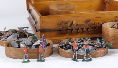 19thC Germany painted lead soldiers, by E Heinrichsen of Nurnberg, ostensibly British and India Army Foot Soldiers and Cavalry, various regiments, some with boxes or part boxes, contained in a wooden box marked for Lubeck. (a quantity) - 4