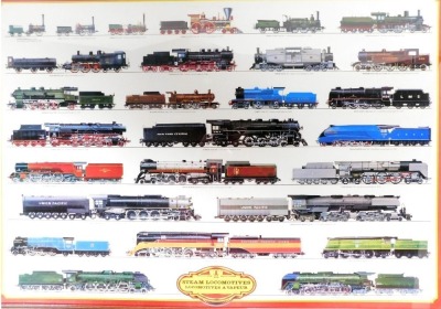 A steam locomotives print, depicting various steam locomotives in colour, framed and glazed, 67cm x 97cm.