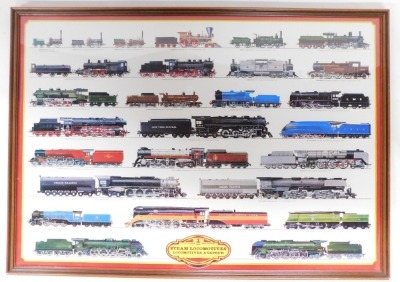 A steam locomotives print, depicting various steam locomotives in colour, framed and glazed, 67cm x 97cm. - 2