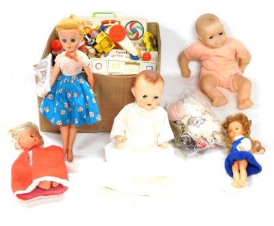 Plastic headed dolls, to include a Chiltern figure, various others, clothing, Fisher Price Toys, etc. (1 box)